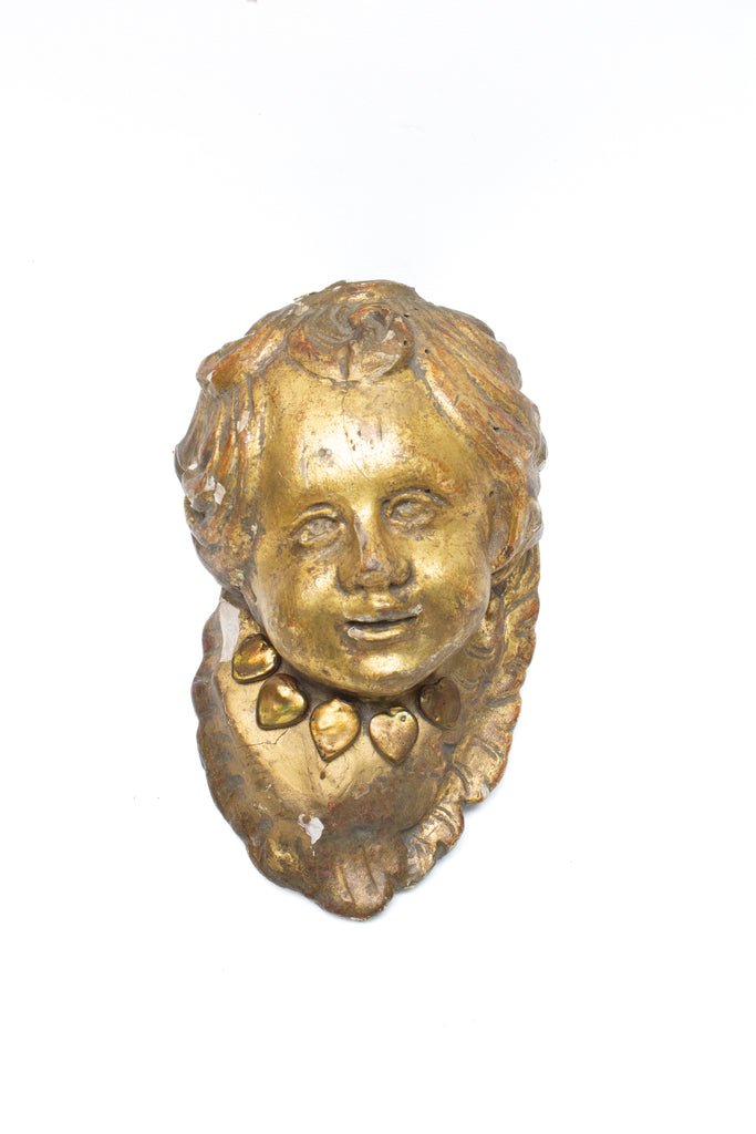 18th century Italian gold leaf putto adorned with baroque pearls. A Putto is a cherub figure frequently appearing in both mythological and religious paintings and sculptural works, especially of the Renaissance and Baroque periods. 
