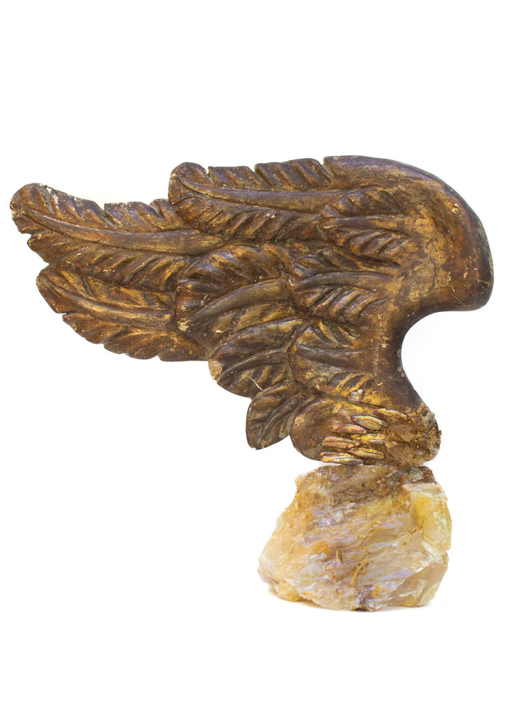 18th century Italian hand-carved and painted angel wing with natural-forming baroque pearls on honey calcite crystal. 