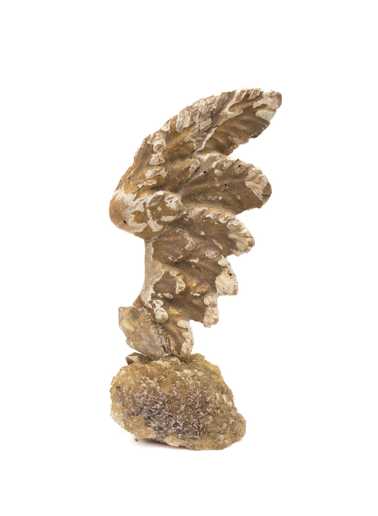 18th century Italian hand-carved gold leaf angel wing mounted on a calcite crystal cluster and adorned with citrine points.
