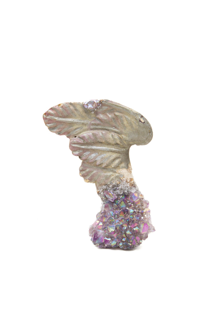 18th century Italian hand-carved angel wing mounted on titanium quartz and adorned with a natural-forming baroque pearl.