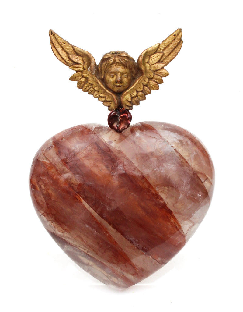 18th century Italian angel mounted on a polished red hematoid heart and adorned with natural-forming baroque pearls. 