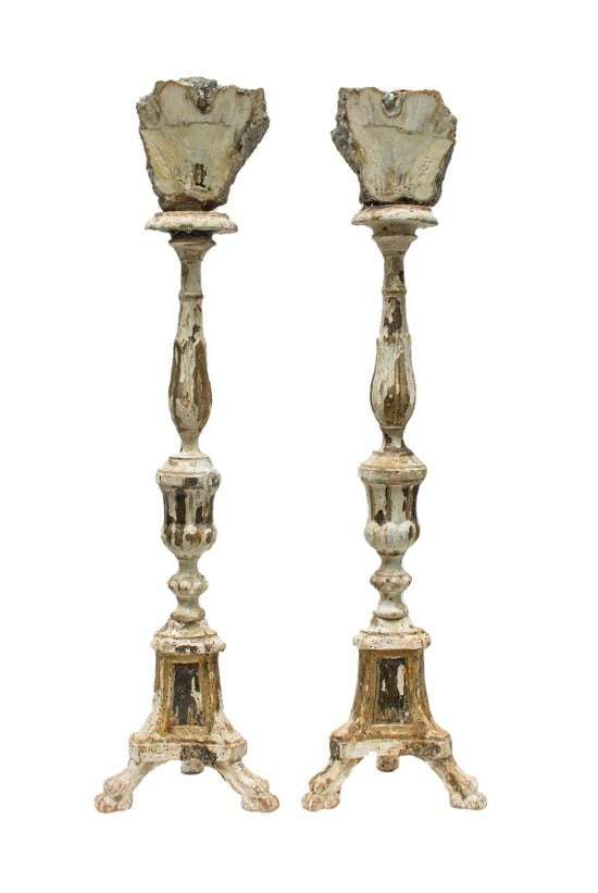 Pair of 17th century Italian altar sticks with polished agate coral and baroque pearls.