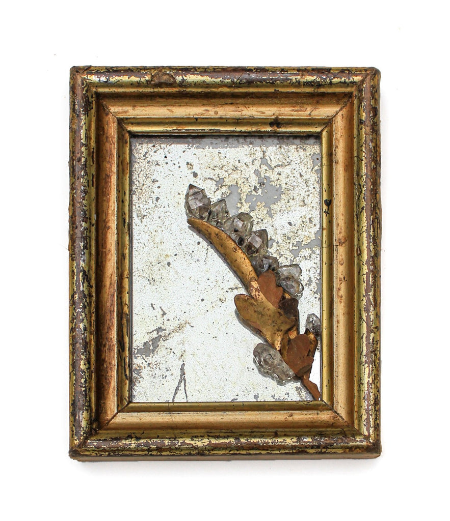 18th century gold gilded Florentine frame on antique mercury mirror glass with an 18th century Italian fragment decorated with coordinating Herkimer diamonds. 