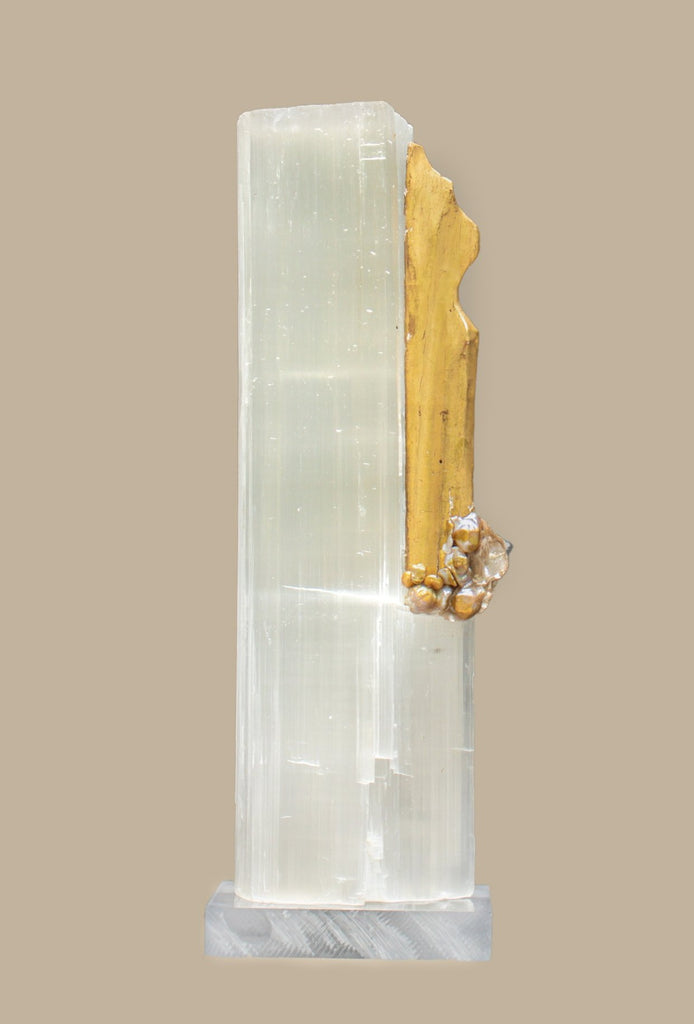 Ruler Selenite with an 18th century Italian gold leaf sunray, mica, and natural forming baroque pearls on a lucite base.