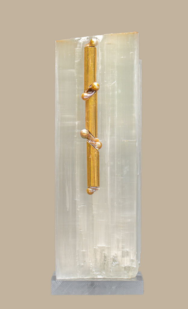 Ruler Selenite with an 18th century Italian gold leaf fragment molding and baroque pearls on a lucite base. 