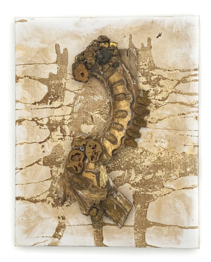 A relief sculpture using an 18th century Italian gold distressed fragment with geode slices, chalcedony rosettes, crystal quartz points, and kyanite on a hand-painted gallery 1-inch canvas.