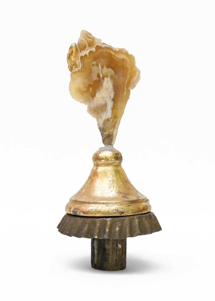 18th-century Italian candlestick top with polished agate coral and a baroque pearl. The piece stands on the candlesticks' original metal drip pan trays.