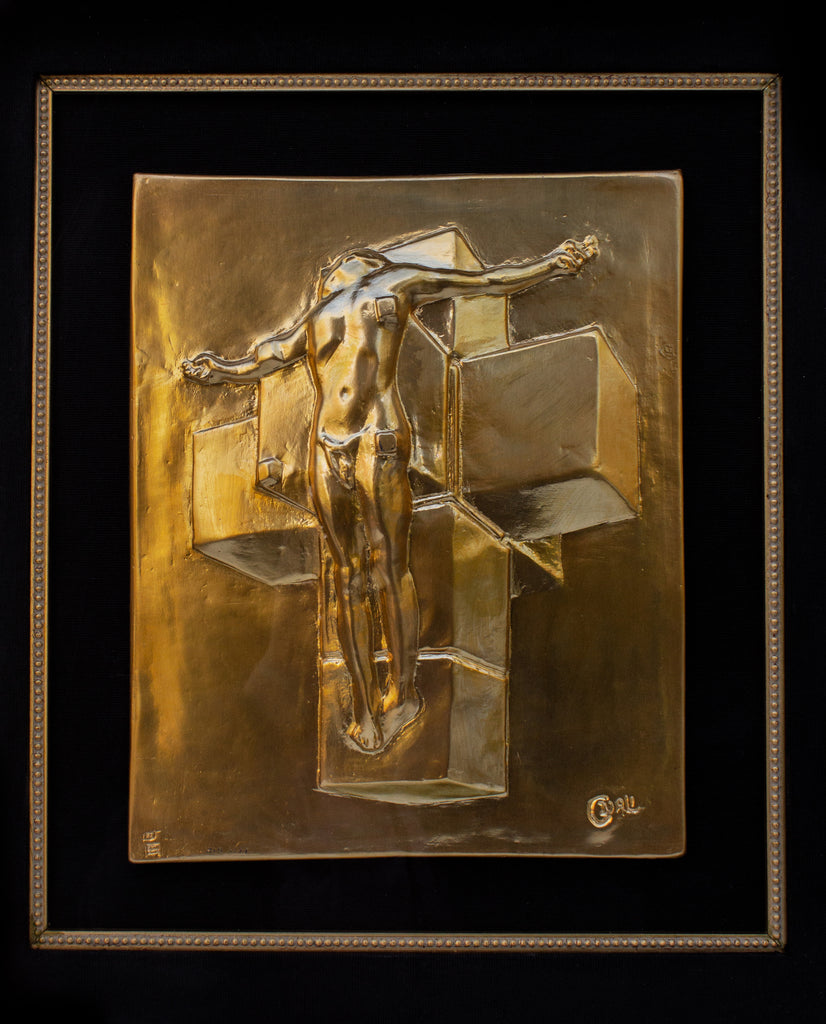 "Crucifixion (Corpus Hypercubus)" gold edition bronze relief sculpture by Salvador Dali.