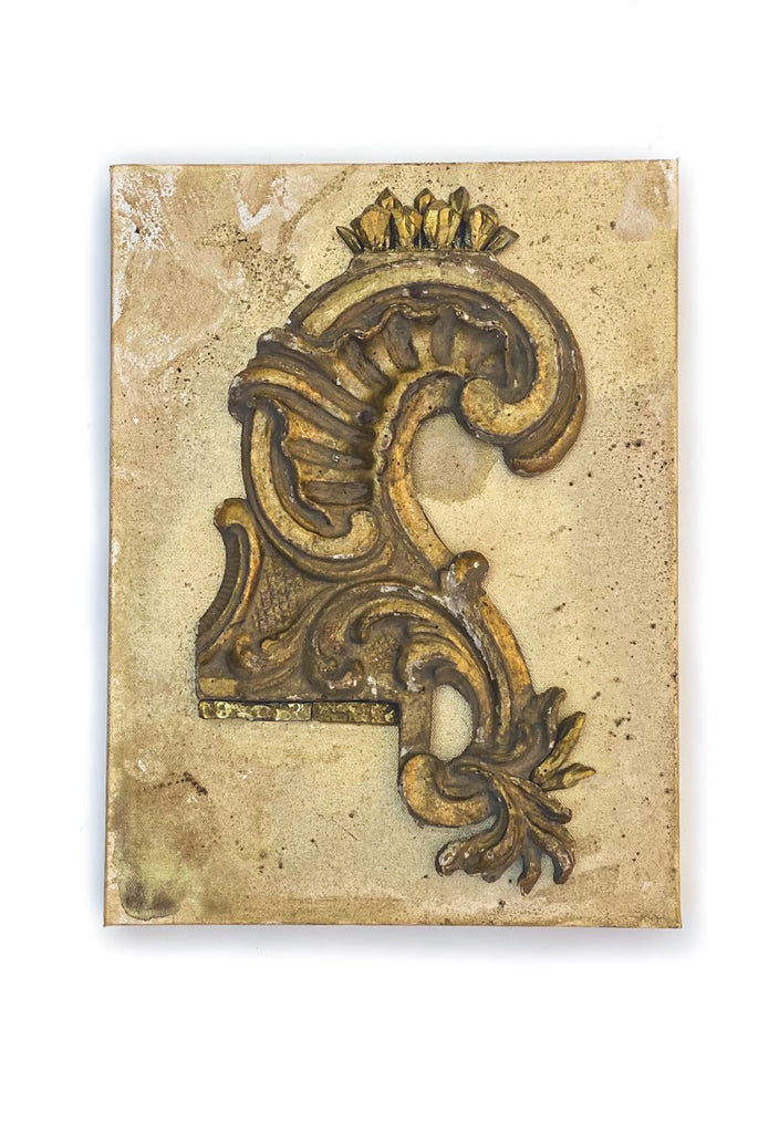18th century Italian fragment with gold-plated crystals on a hand-painted gallery 1-inch canvas. The canvas is distressed with gold powders used by restorers in Italy in the 18th and 19th century. The powders coordinate with the gold-plated crystals and fragment piece. These powders are no longer available. 