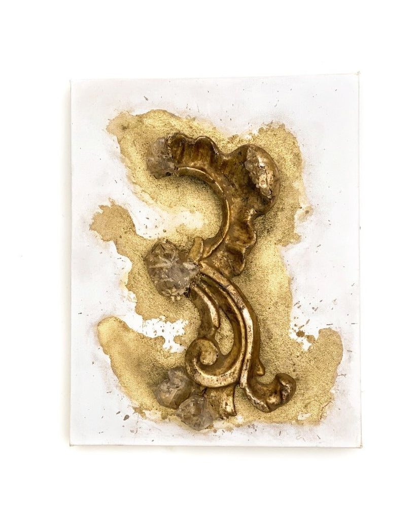 18th century Italian fragment with elestial quartz crystals on a hand-painted gallery 1-inch canvas. The canvas is distressed with gold powders used by restorers in Italy in the 18th and 19th century and are no longer available. The 18th century fragment is originally from Tuscany.