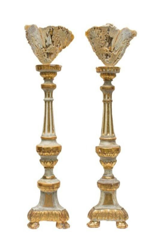 Pair of 17th century Italian gold candlesticks with agate coral and baroque pearls.