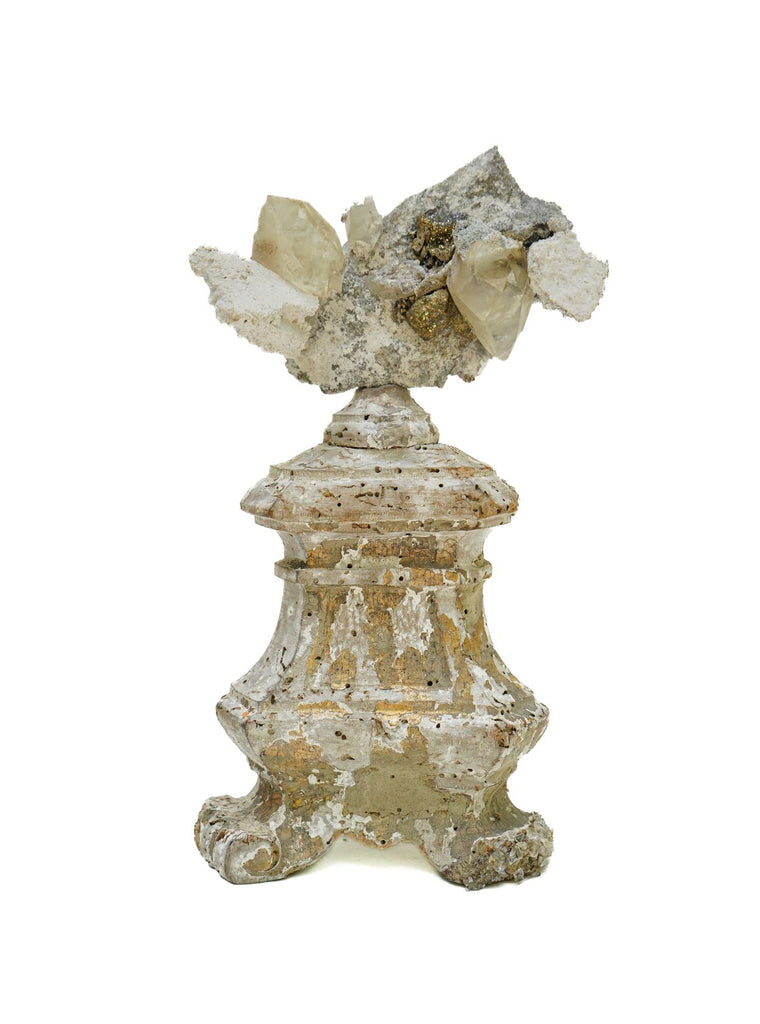 17th century Italian fragment mounted with a calcite crystal cluster in matrix with gold-plated druzy crystals.