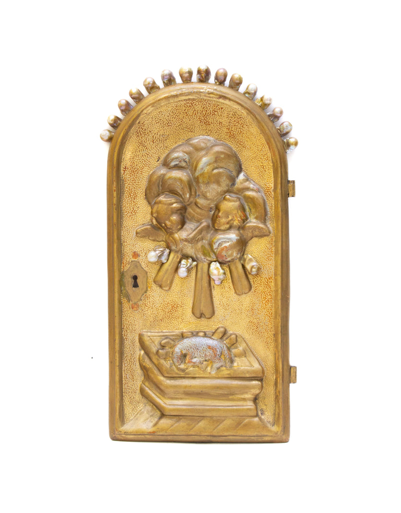 18th century Italian hand-carved and gilded tabernacle door adorned with baroque pearls. 