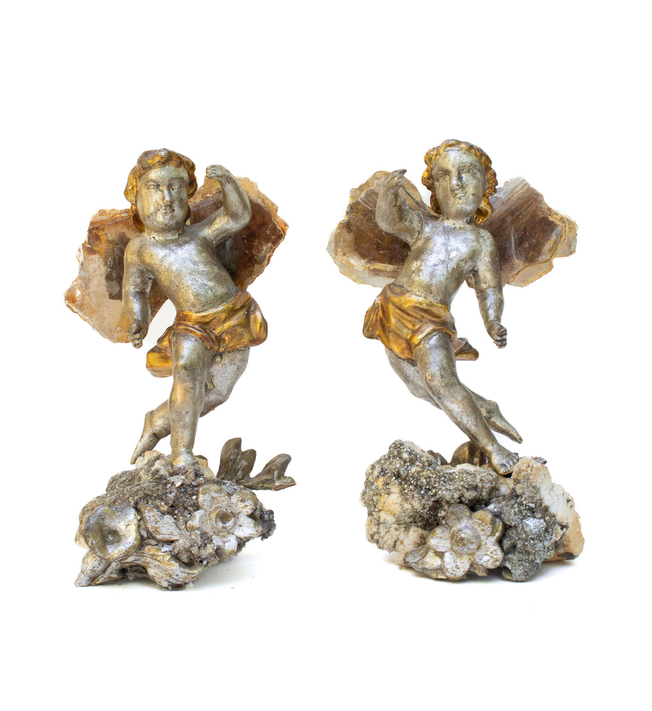 Pair of 18th century Italian silver and gold leaf angels with mica wings and mounted on mica in matrix with 18th century Italian silver leaf flower fragments.