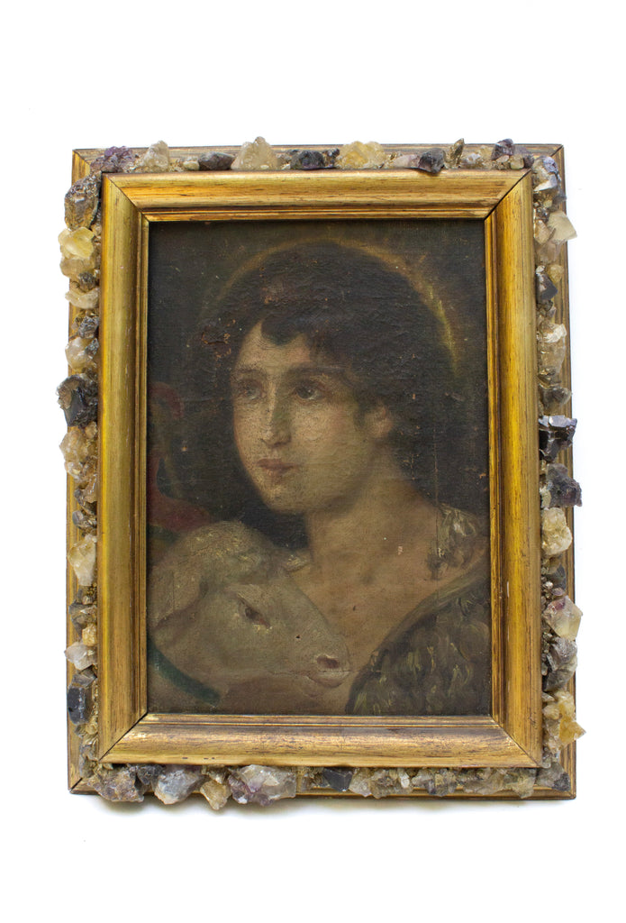 18th century Italian "Young John the Baptist" painting framed with purple and yellow fluorite.
