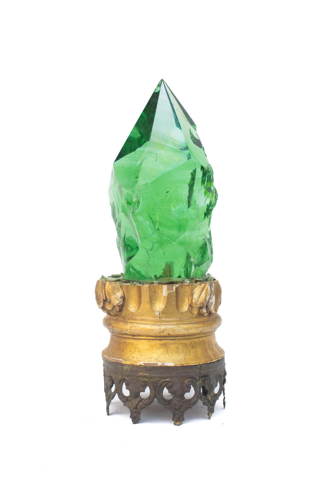 18th century Italian gilded base with a polished green lava glass point and adorned with green mother of pearl pieces and mounted on an antique met