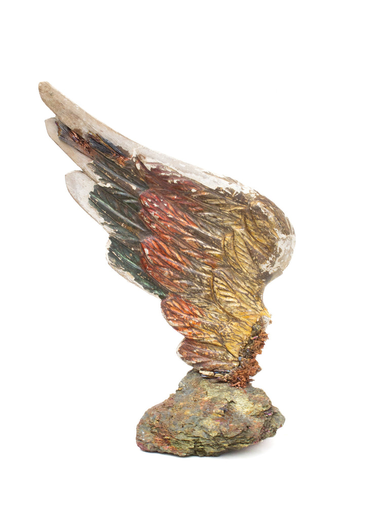 18th century Italian hand-carved angel wing mounted on a chalcopyrite and adorned with kyanite. 