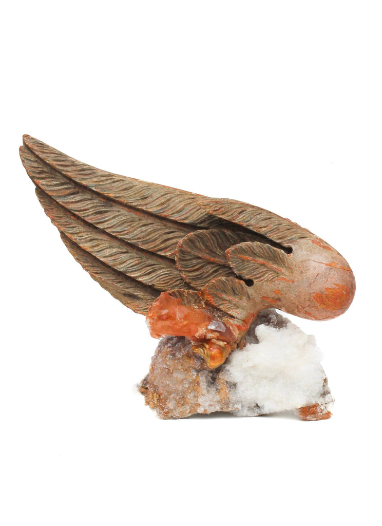 18th century Italian hand-carved angel wing mounted on aragonite and adorned with tangerine quartz crystals and a baroque pearl. 