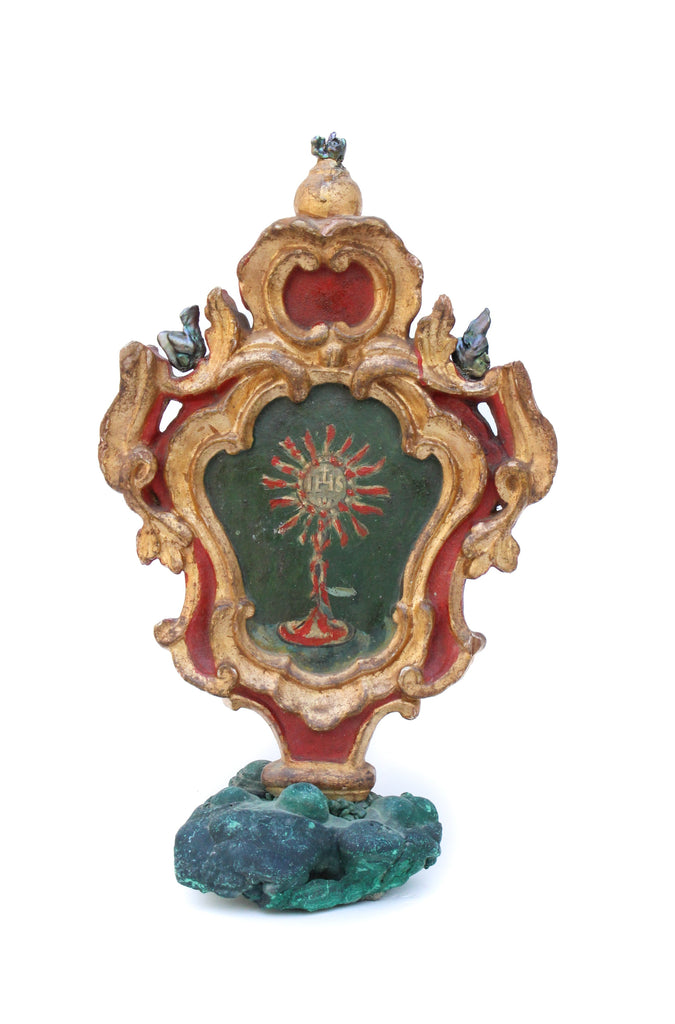 18th century Italian gilded and hand-painted processional finial with baroque pearls and mounted on malachite. 