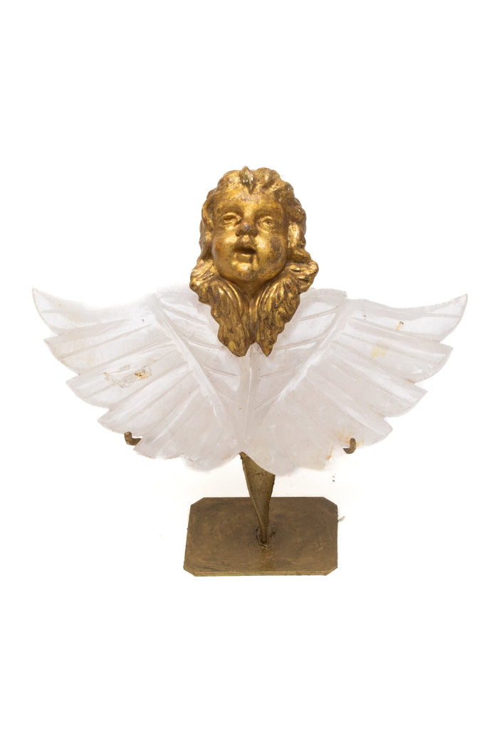 18th century Italian gilded putto mounted on hand-carved and polished quartz crystal wings. 