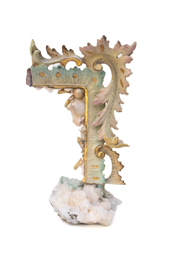 19th century Italian painted and gilded frame fragment adorned baroque pearls and mounted on apophyllite, stilbite, and baroque pearls.