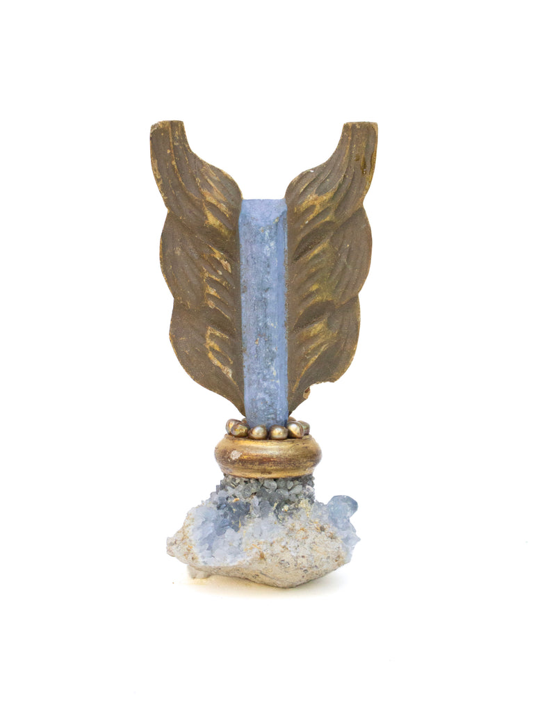 18th-century Italian blue and gilded arrow mounted on a celestite crystal cluster and adorned with baroque pearls.