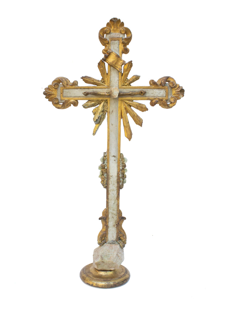 18th century Italian gilded cross with 18th century arms of Christ, aquamarine, and gold-plated crystal points and mounted on a gilded, hand-carved base.