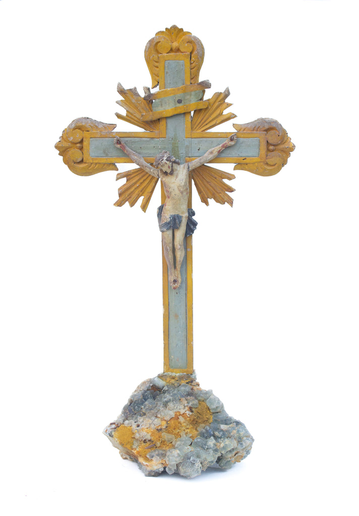 Sculptural 18th century Italian crucifix with aquamarine and fluorite in matrix.