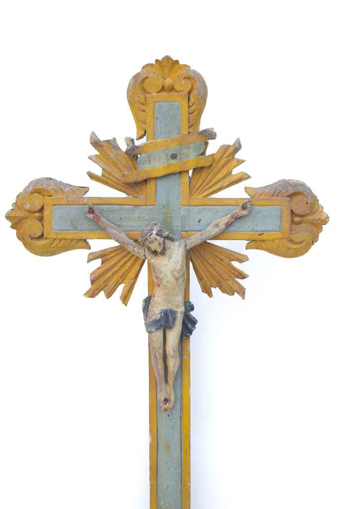 Sculptural 18th century Italian crucifix with aquamarine and fluorite in matrix.