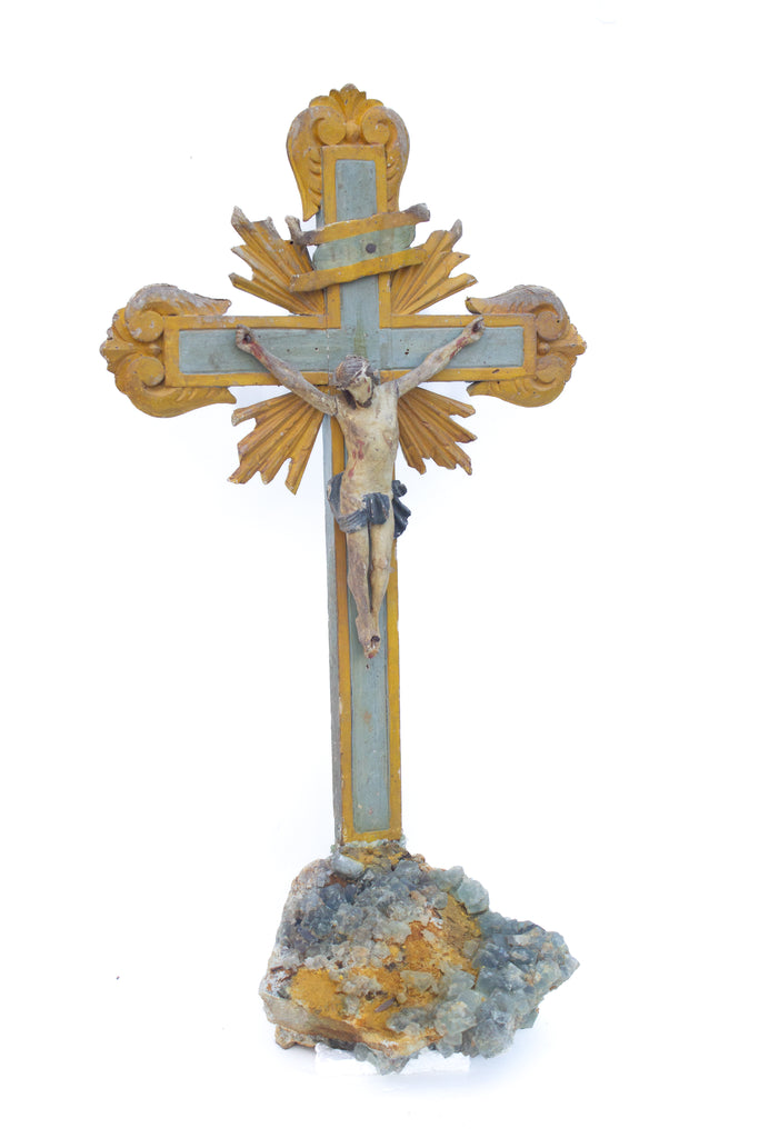 Sculptural 18th century Italian crucifix with aquamarine and fluorite in matrix.