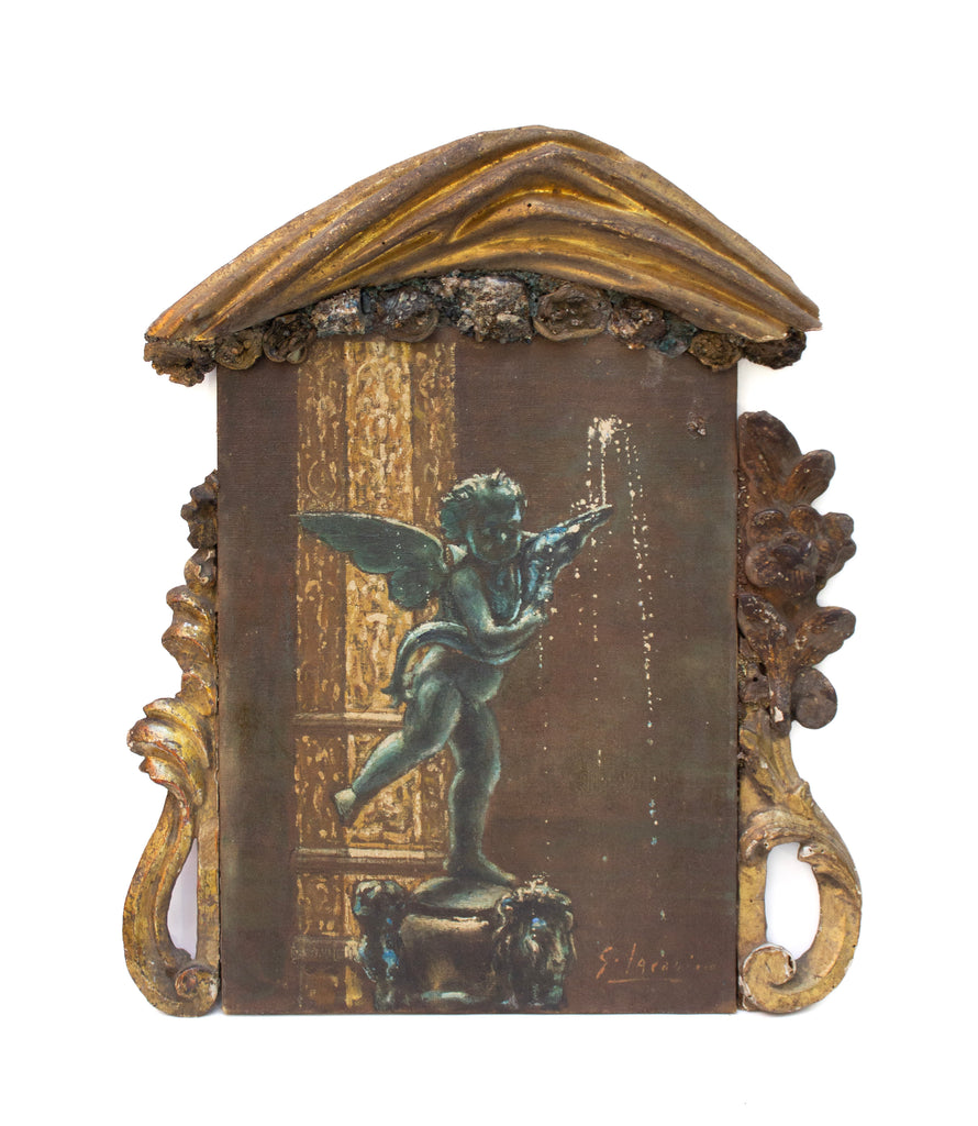 18th century Italian oil painting of an angel fountain signed by the artist.