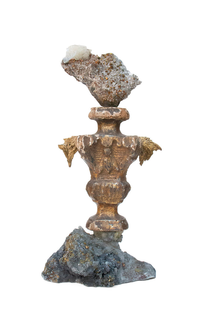 Sculptural 18th century Italian hand-carved fragment mounted with chalcopyrite in matrix and adorned with calcite crystals and gold-plated kyanite.