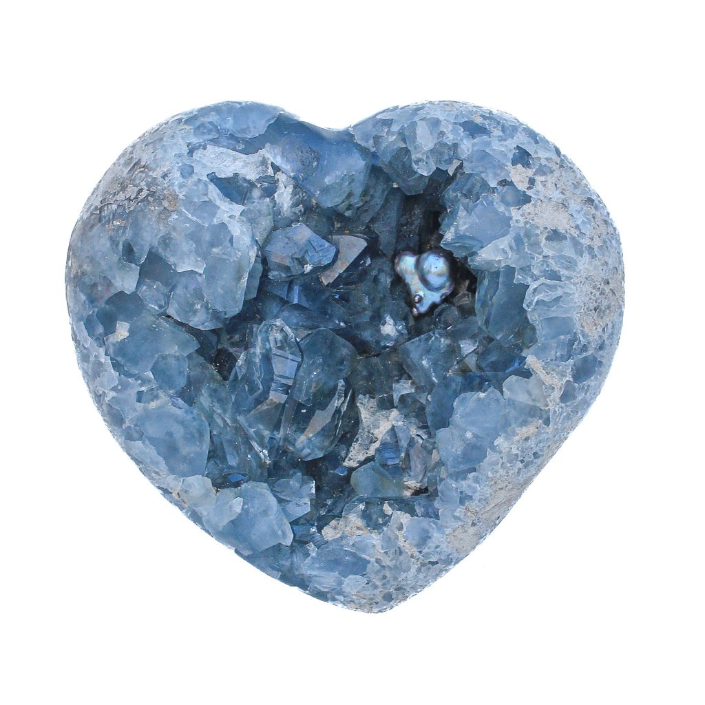 Blue celestial geode heart adorned with natural-forming baroque pearls.