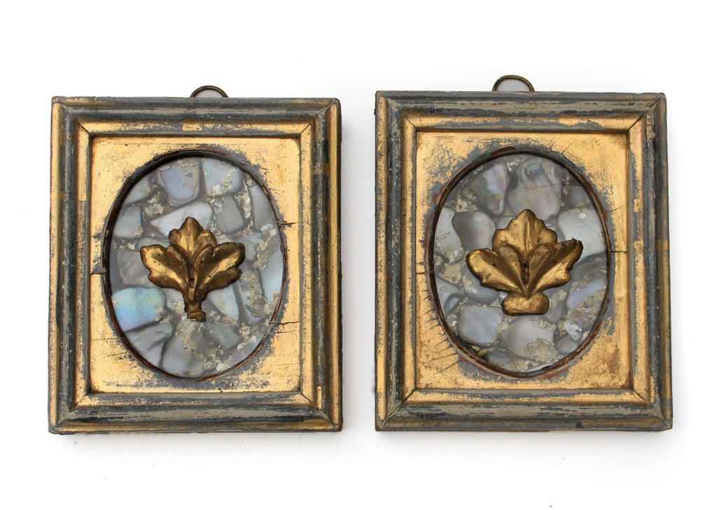 Pair of 19th century gold gilded Florentine frames with Japanese abalone mother of pearl and 18th century Italian fragments.