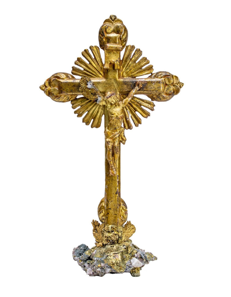 18th century Italian mecca crucifix with gold-plated kyanite on pyrite in matrix base