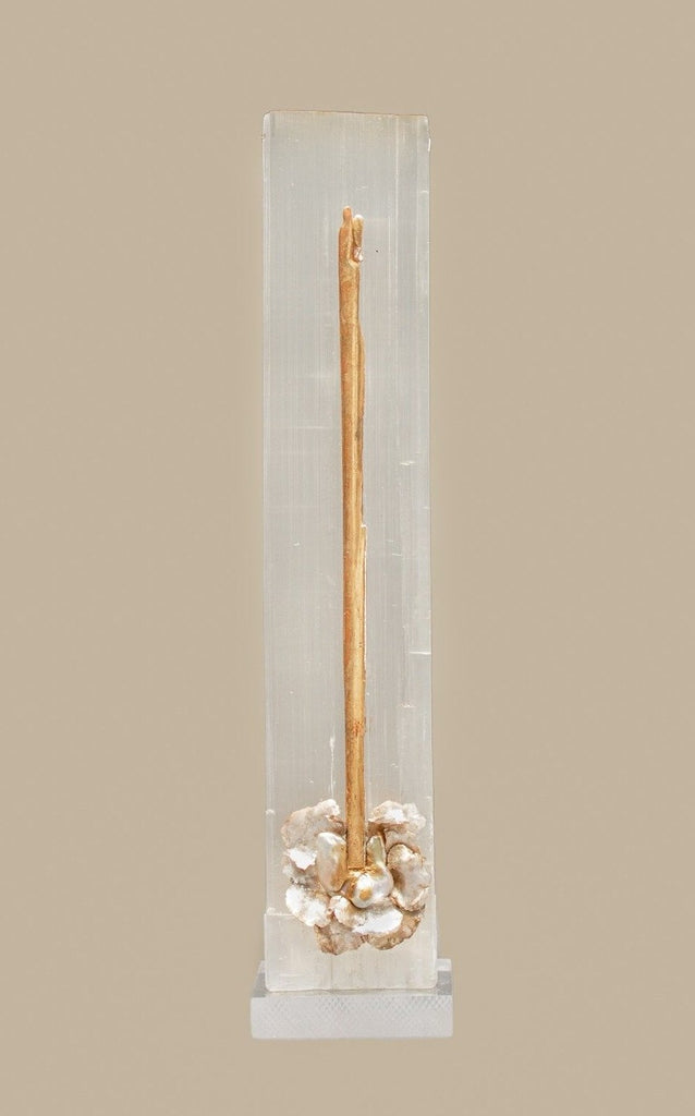 Ruler Selenite with an 18th century Italian gold leaf sunray, mica, and natural forming baroque pearls on a lucite base.