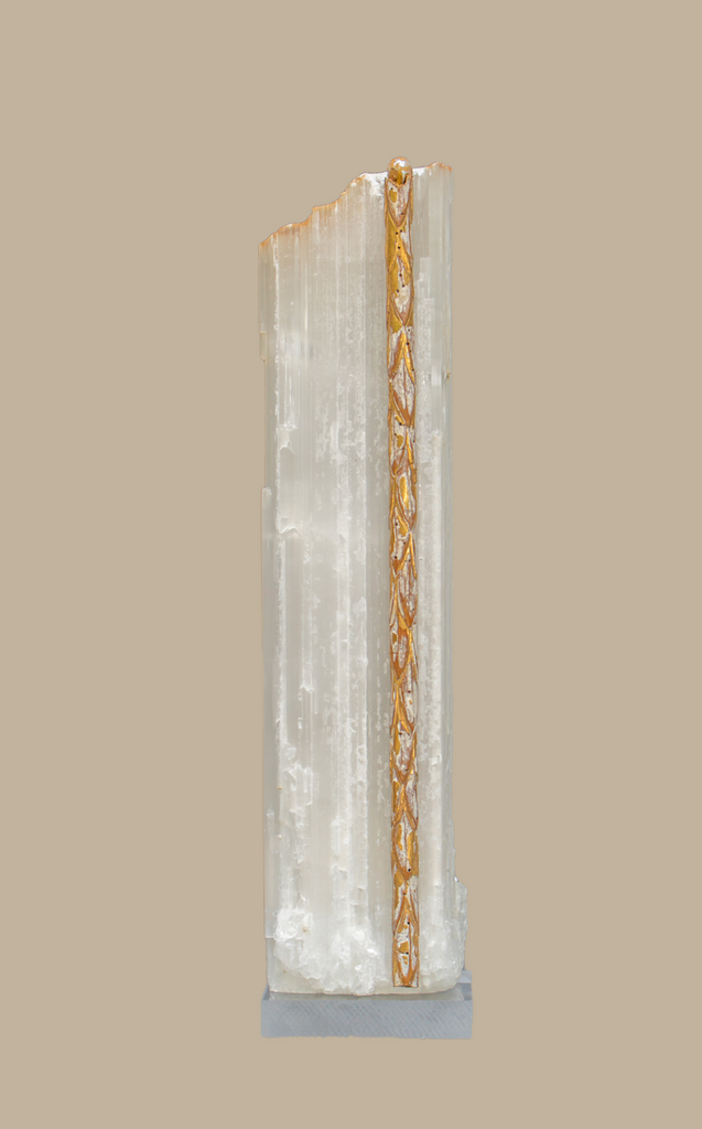 Ruler Selenite with an 18th century Italian gold leaf molding and a natural forming baroque pearl on a lucite base