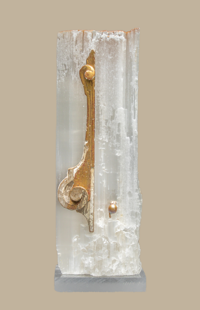 Ruler Selenite with an 18th century Italian gold leaf fragment and a natural-forming baroque pearl on a lucite base.