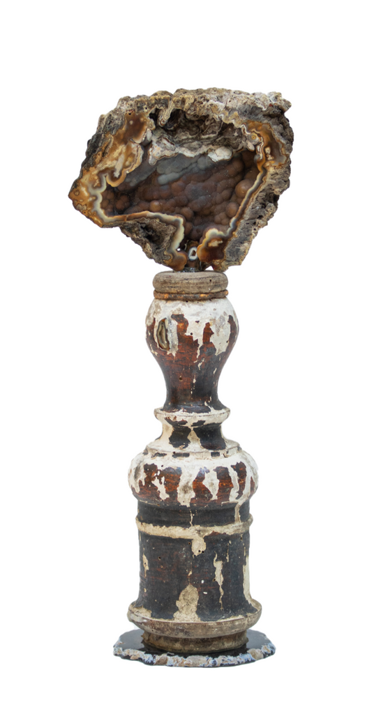 18th century distressed painted candlestick top with coordinating fossil agate coral and a polished agate base. 