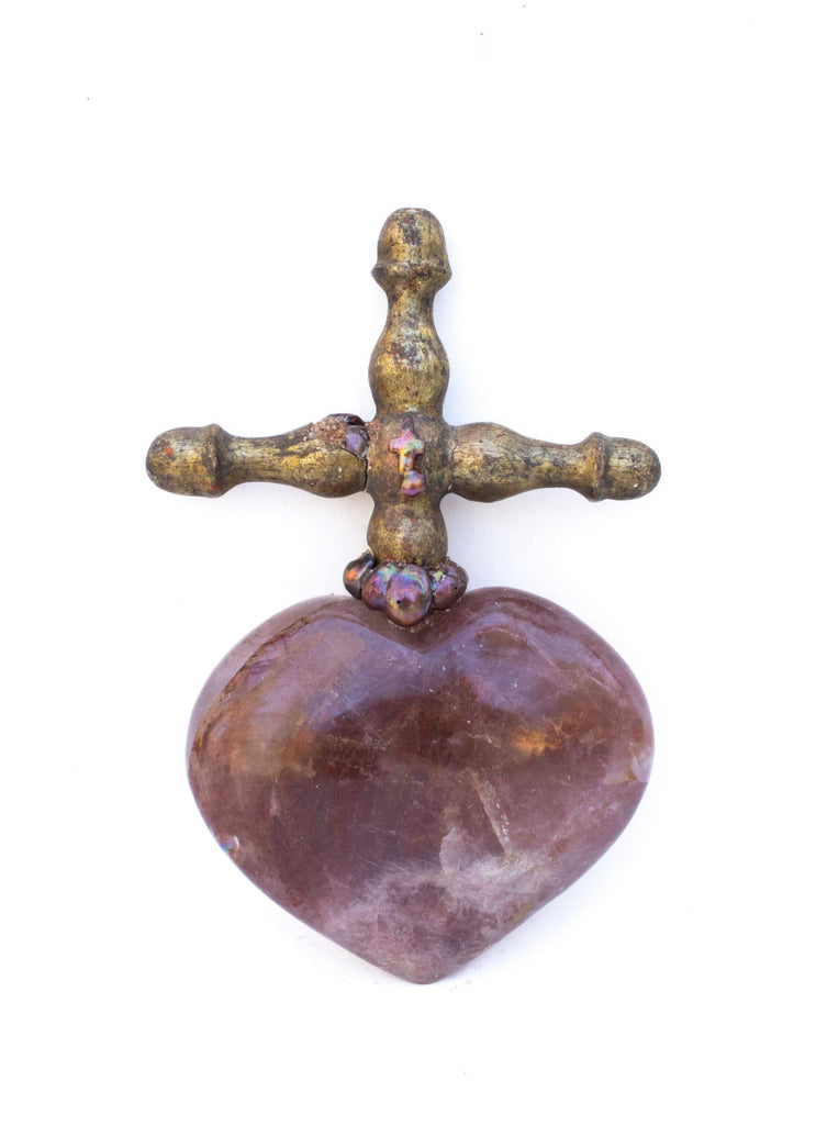 18th century Italian fragment cross mounted on a polished red hematoid heart and adorned with natural-forming baroque pearls. The piece is inspired by "The Sacred Heart" in Catholic art history which symbolizes God's unconditional love for mankind.