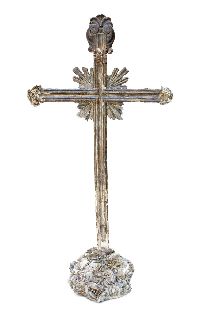 18th century Italian cross adorned with mica and silver-plated kyanite on a mica cluster base. The crucifix originally came from a church in Tuscany. 