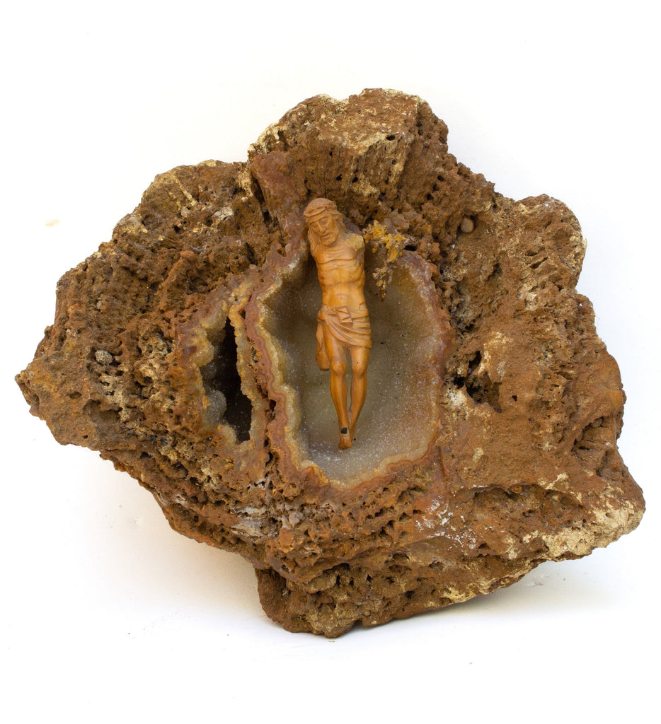 Sculptural 18th century Italian figure of Christ in fossil agate coral adorned with natural-forming copper.