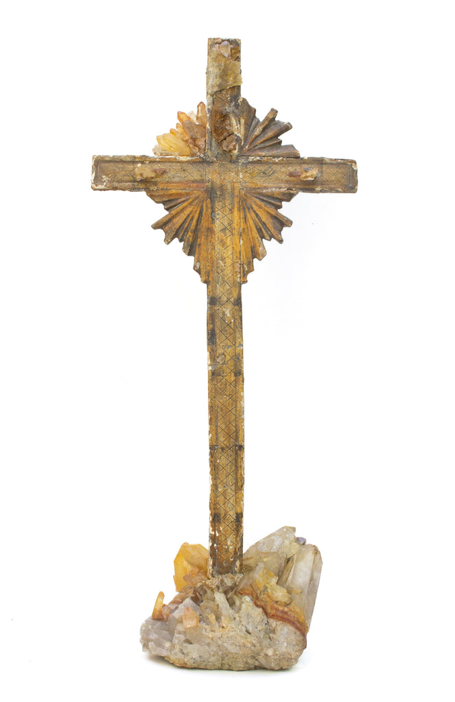18th century Italian cross adorned with tangerine quartz crystals on a tangerine quartz and crystal cluster base.
