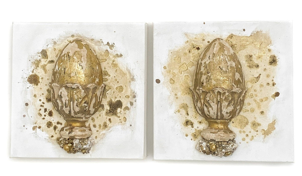Pair of 18th century Italian gold leaf finials with aragonite in matrix and baroque pearls on two hand-painted gallery 1-inch canvases. The canvases are distressed with gold powders used by restorers in Italy that are no longer available. The color and texture of the fragment artifacts coordinate with the aragonite in matrix and gold powders.