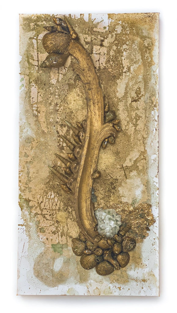 18th century Italian fragment with fluorite crystal and hand-applied gold leaf shells with a gold leaf sea fan on a hand-painted gallery 1-inch canvas. The canvas is distressed with gold powders used by restorers in Italy in the 18th and 19th century. These powders are no longer available.