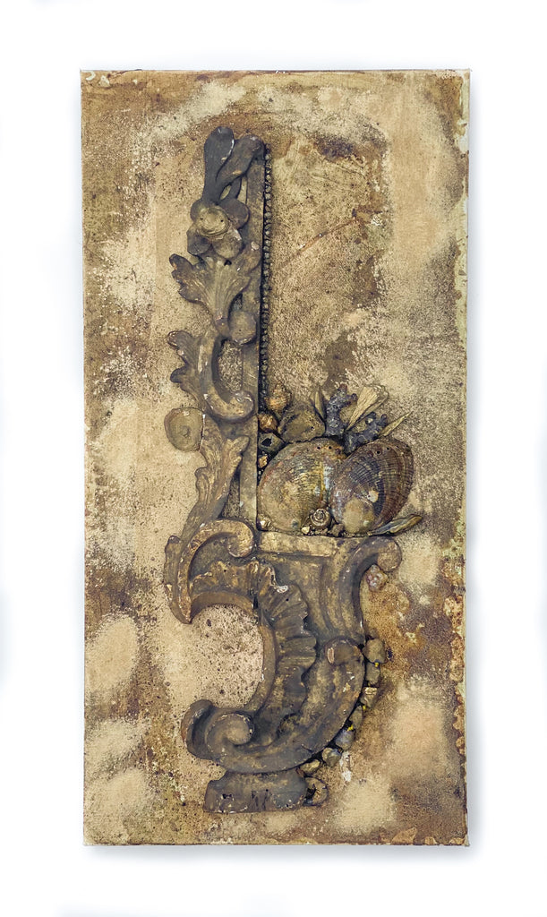18th century Italian fragment with coordinating natural shells, hand-applied gold leaf barnacles and shells, gold-plated chalcedony rosettes and crystal points, fused glass, and pyrite on a hand-painted gallery 1-inch canvas. The canvas is distressed with gold powders used by restorers in Italy in the 18th and 19th century. These powders are no longer available.  