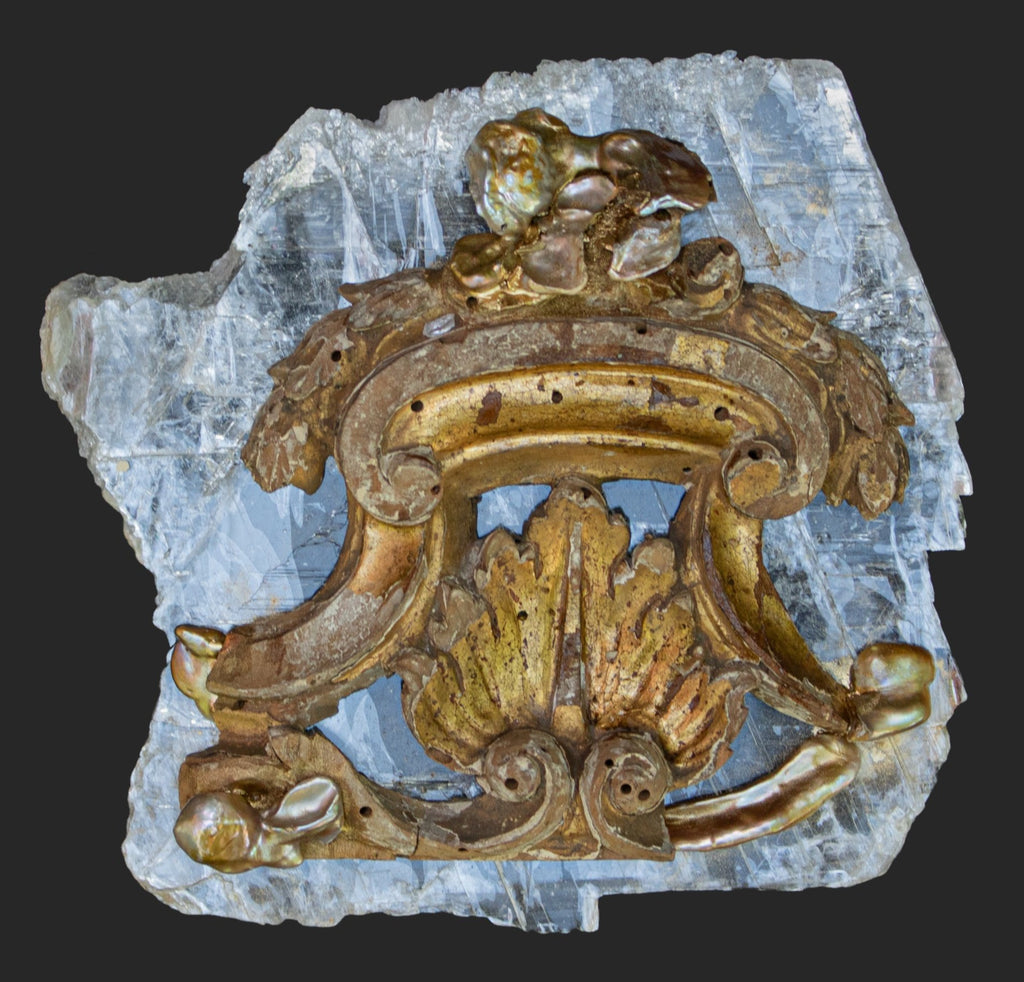 18th century Italian gold leaf fragment with natural-forming baroque pearls on a selenite slab.