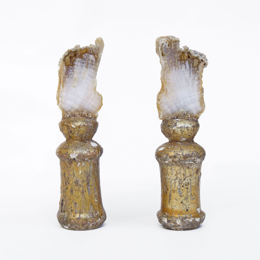 A pair of 18th century Italian candlestick tops with polished agate coral.