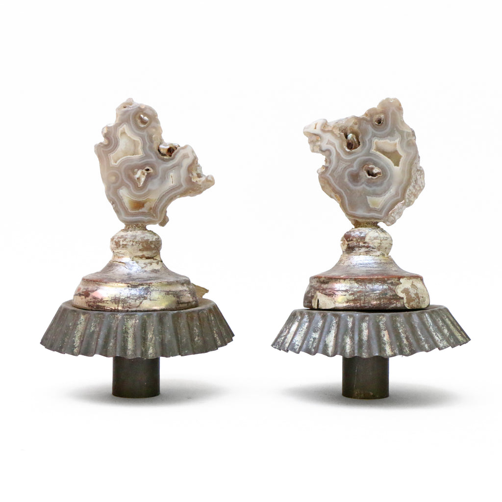 A pair of 18th-century Italian silver leaf candlestick tops with polished agate coral and baroque pearls. The hand-carved, silver leaf candlestick tops originally came from a pair of candlesticks from a church in Tuscany. They stand on the candlesticks' original metal drip pan trays.
