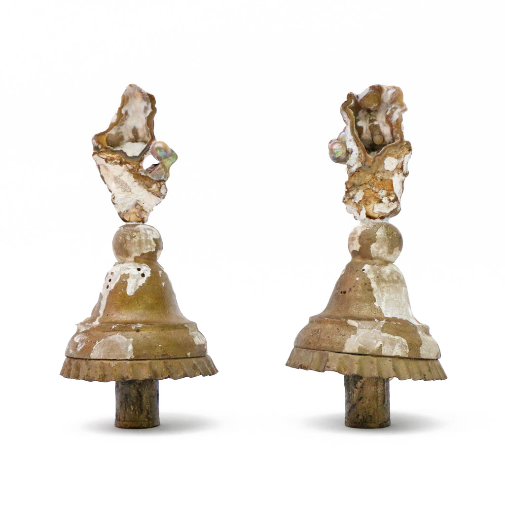 A pair of 18th-century Italian gold leaf candlestick tops with polished agate coral and baroque pearls. The hand-carved, gold leaf candlestick tops originally came from a pair of candlesticks from a church in Tuscany. They stand on the candlesticks' original metal drip pan trays.